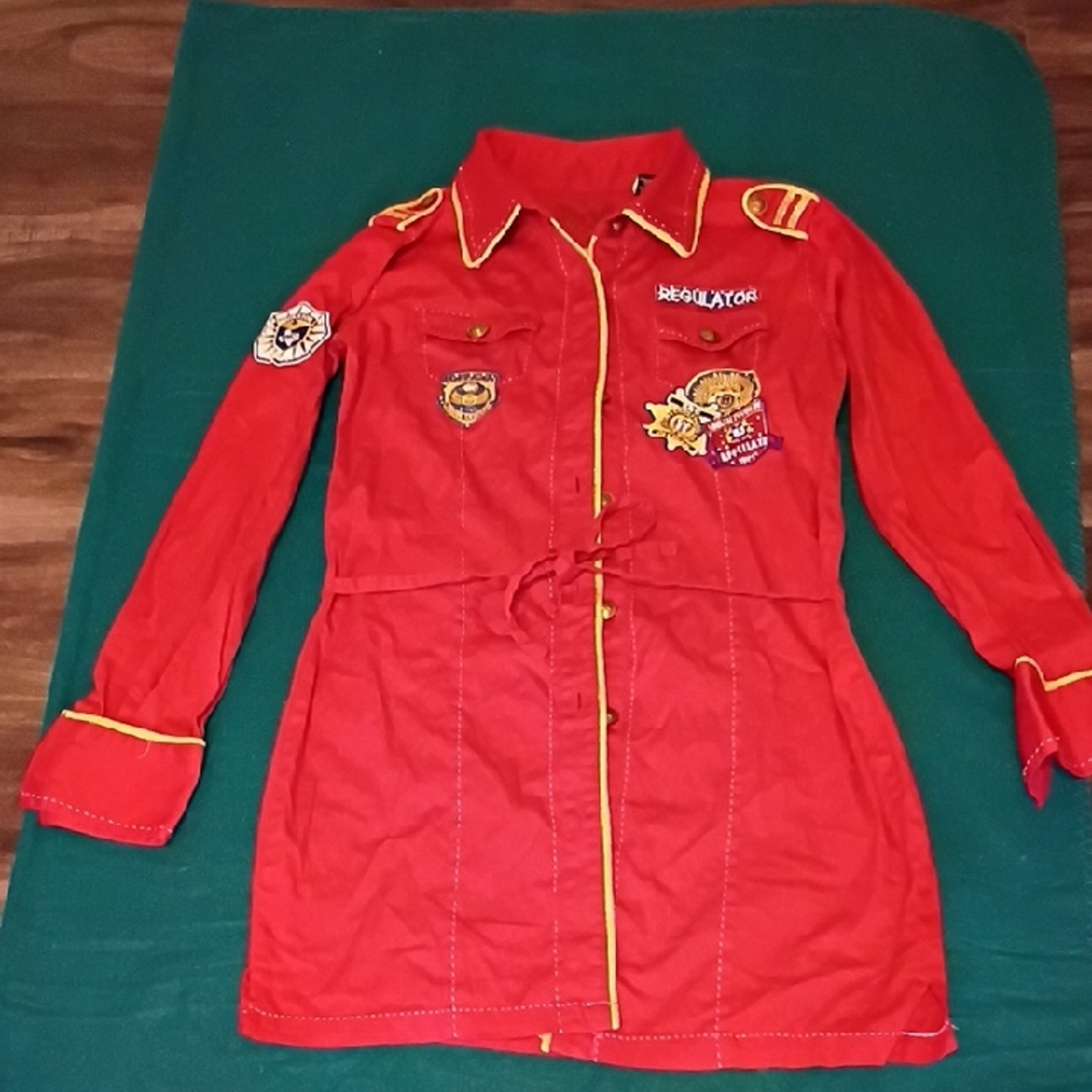 Red Long Sleeve Shirt Dress with Embroidered Patches